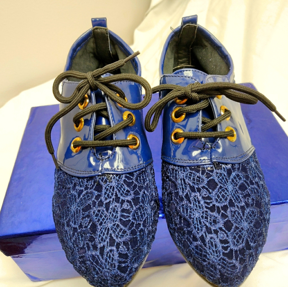 Blue Patent Lace Oxfords with Gold Heel